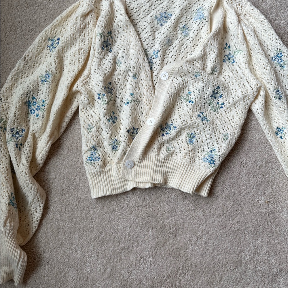 Aqua Cream and Blue Cardigan with Vintage Floral Embroidery